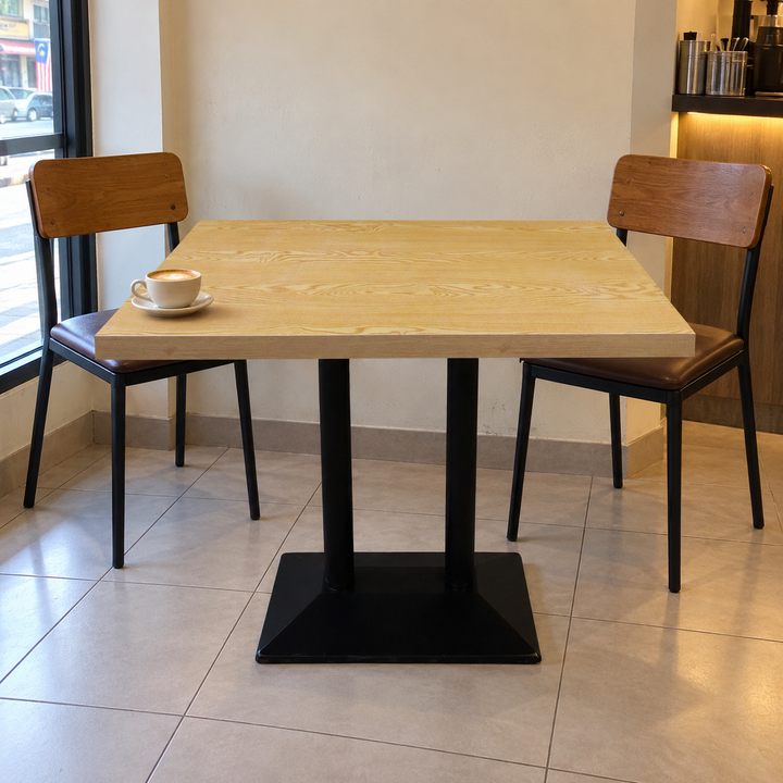 Rectangular Woodgrain Restaurant Table with Twin Black Pedestals – Malaysian cafe setting