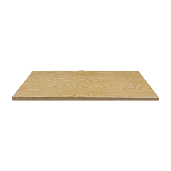 Rectangular Woodgrain Restaurant Table with Twin Black Pedestals – tabletop detail
