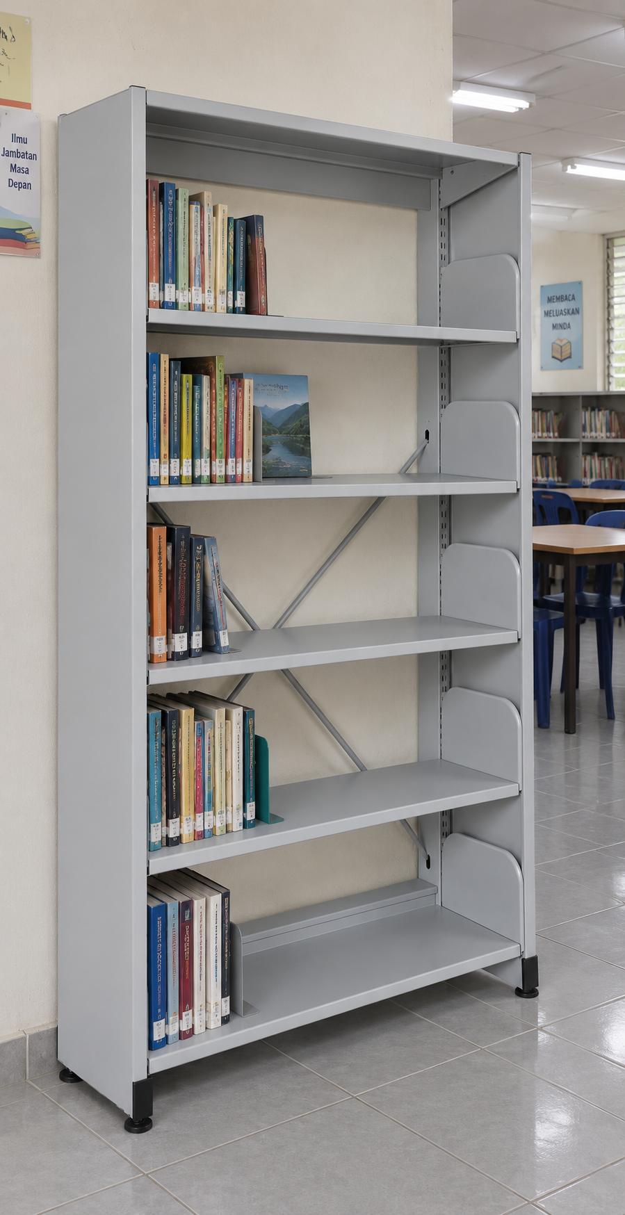 5-Level Single-Sided Steel Library Rack with Side Panels in a Malaysian library