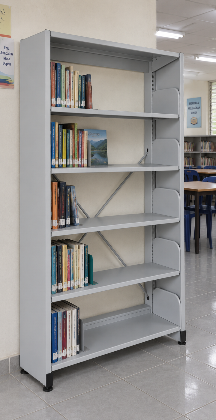 5-Level Single-Sided Steel Library Rack with Side Panels in a Malaysian library