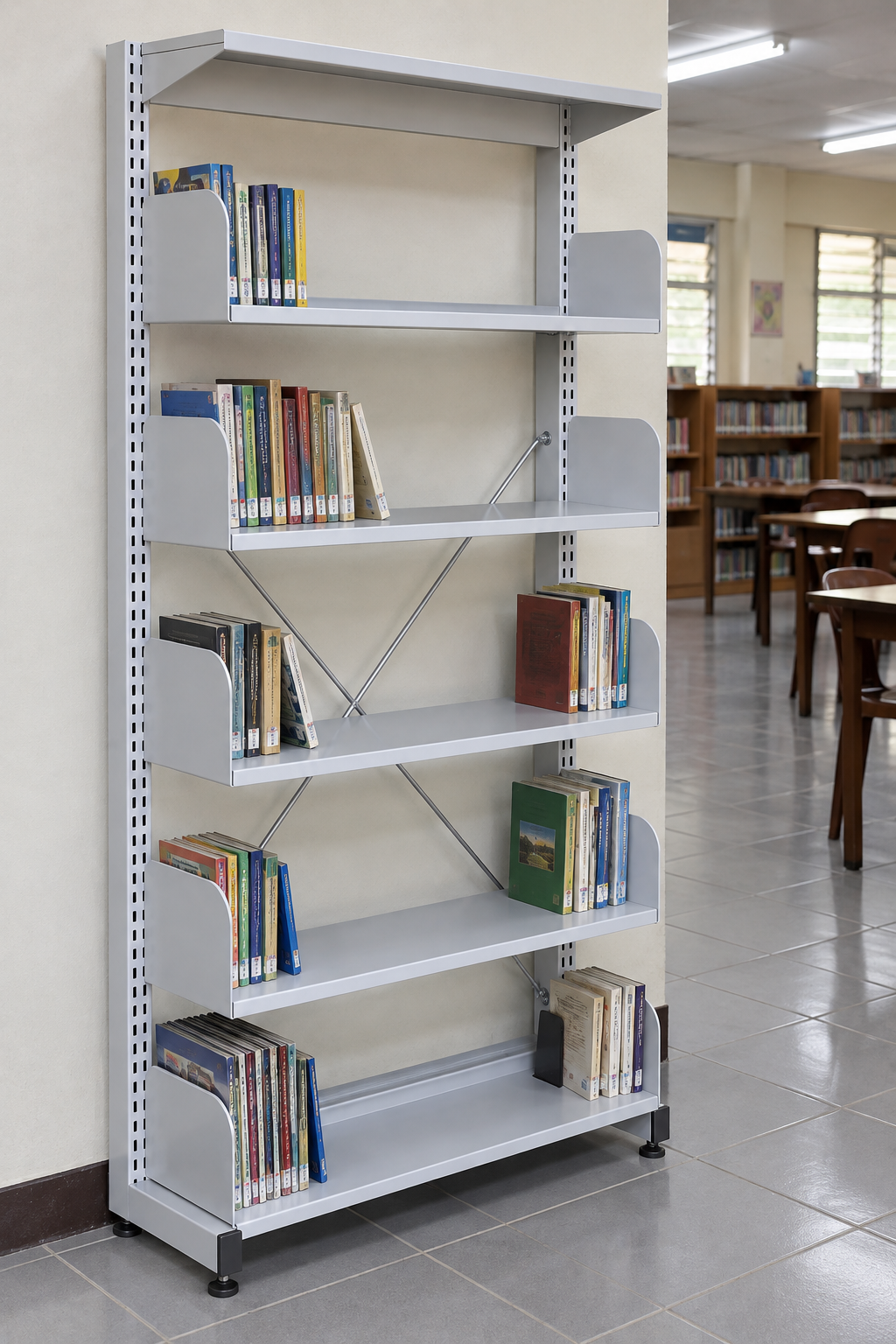 5-Level Single-Sided Steel Library Rack without Side Panels in a Malaysian library