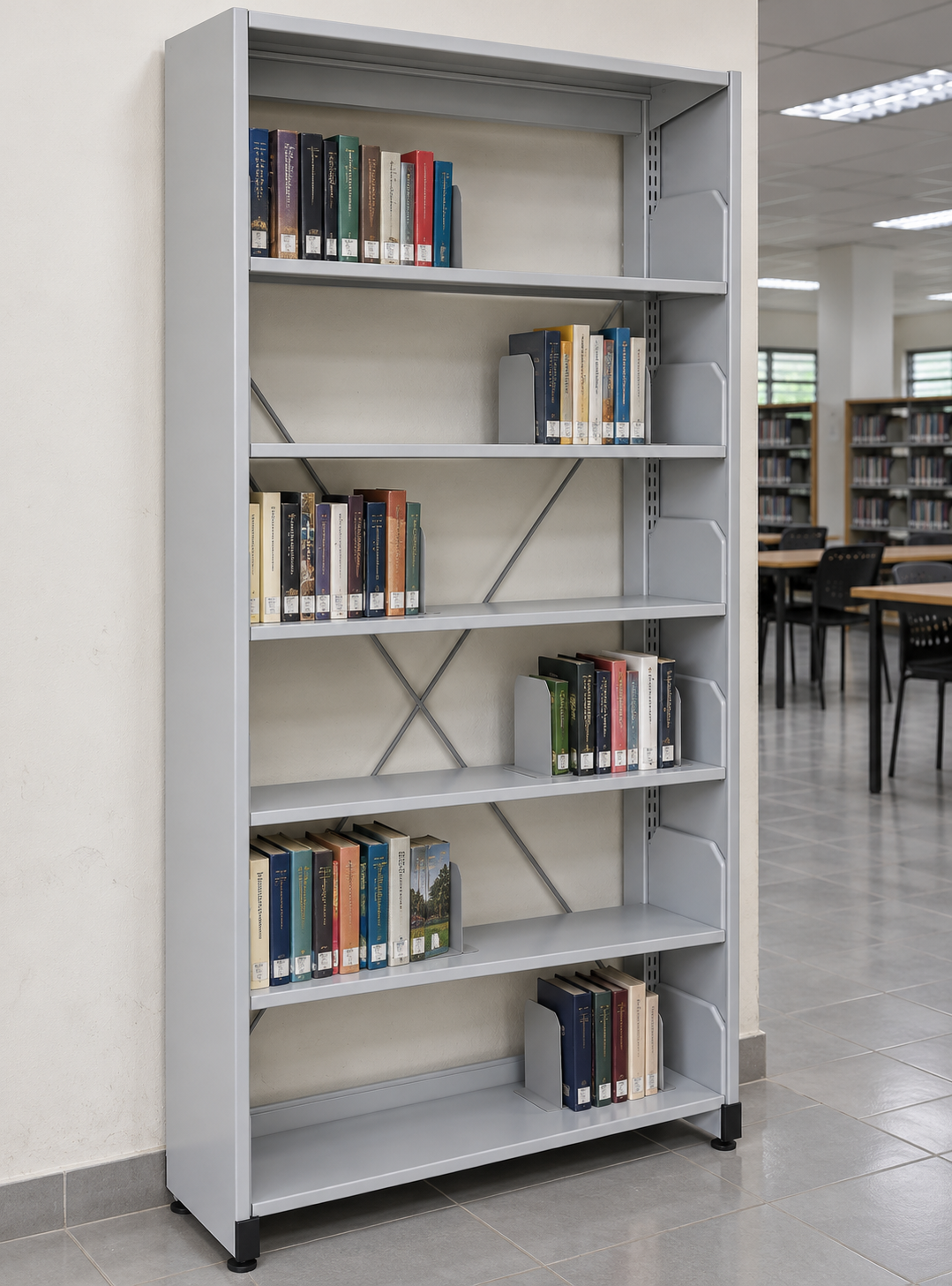 6-Level Single-Sided Steel Library Rack with Side Panels in a Malaysian library