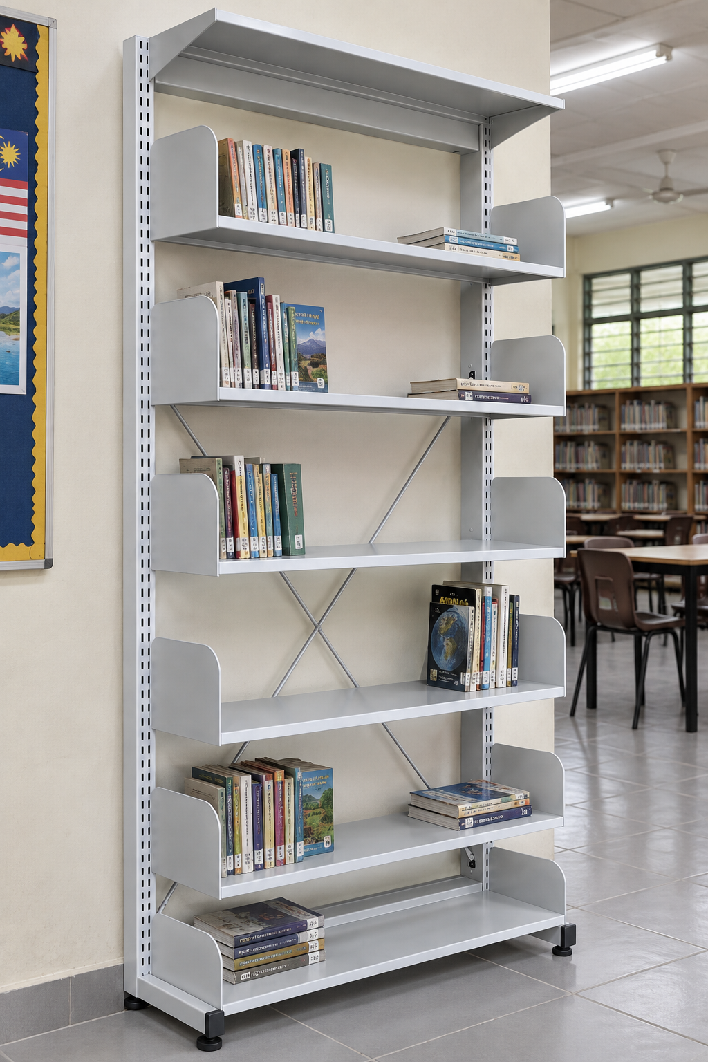 6-Level Single-Sided Steel Library Rack without Side Panels in a Malaysian library