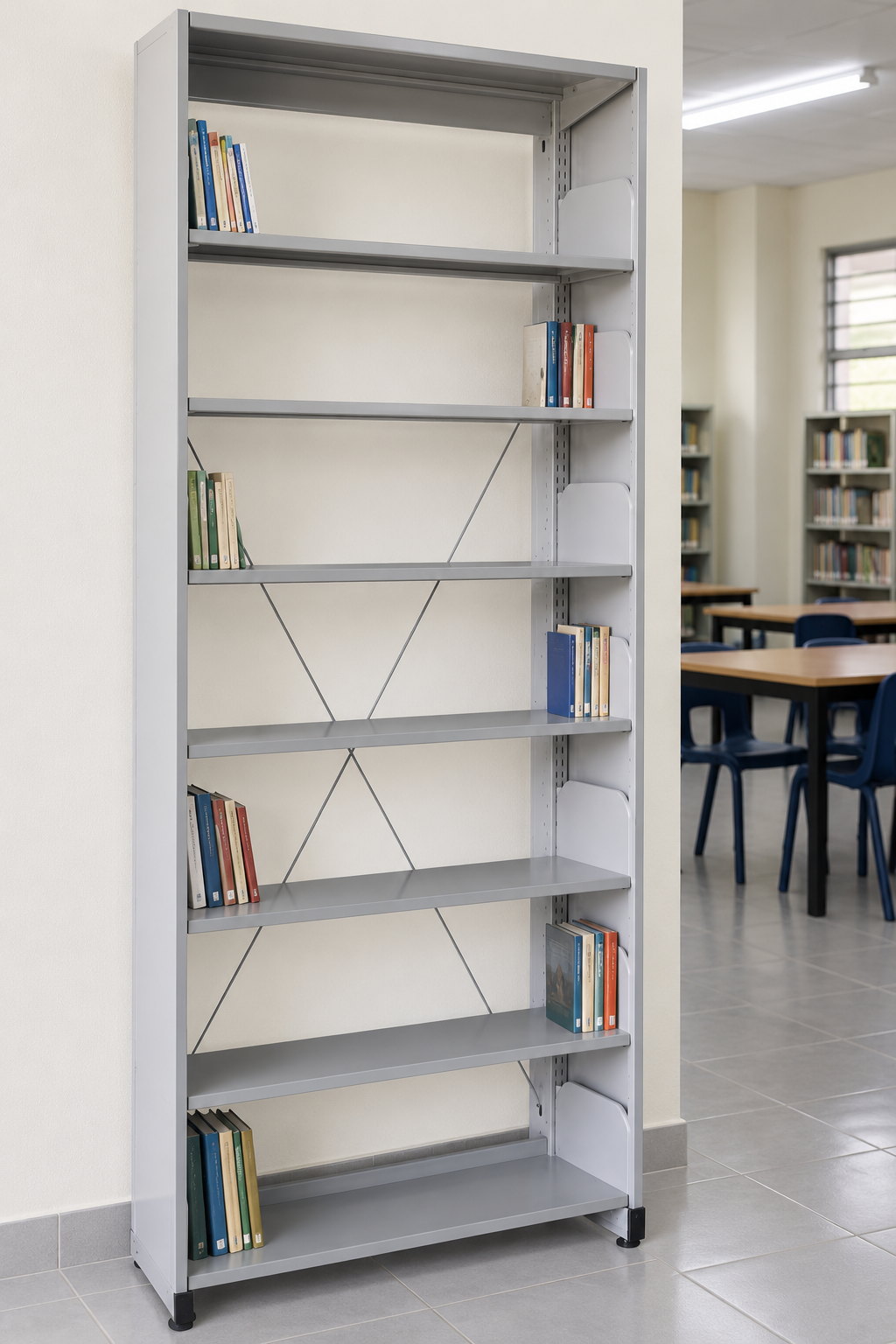 7-Level Single-Sided Steel Library Rack with Side Panels in a Malaysian library