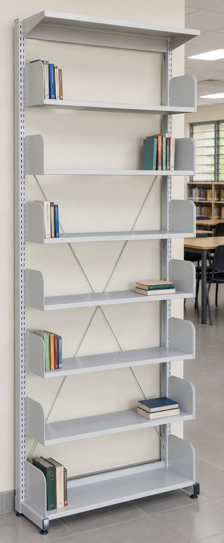 7-Level Single-Sided Steel Library Rack without Side Panels in a Malaysian library