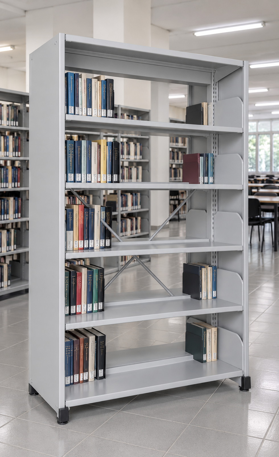 5-Level Double-Sided Steel Library Rack with Side Panels in a Malaysian library