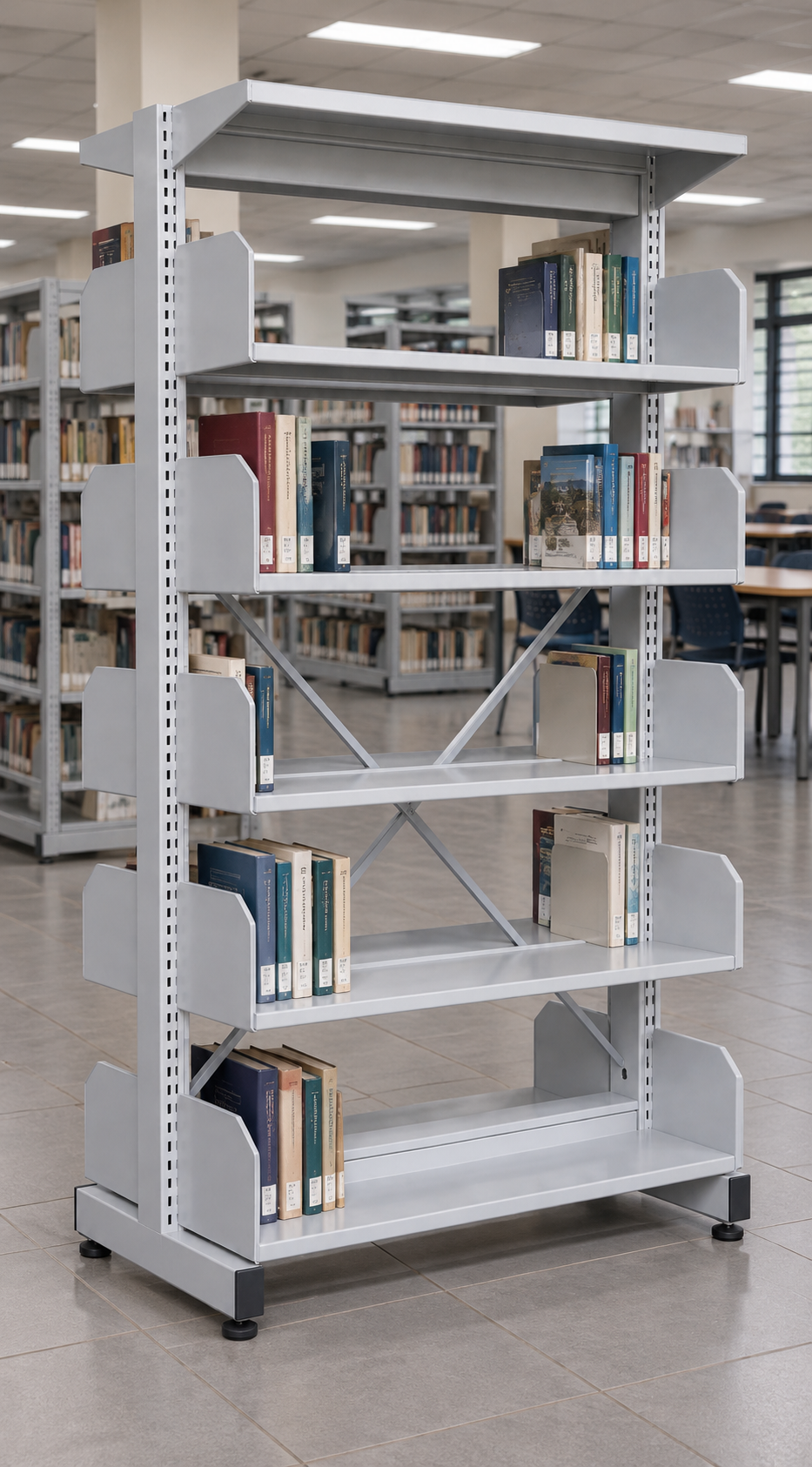 5-Level Double-Sided Steel Library Rack without Side Panels in a Malaysian library