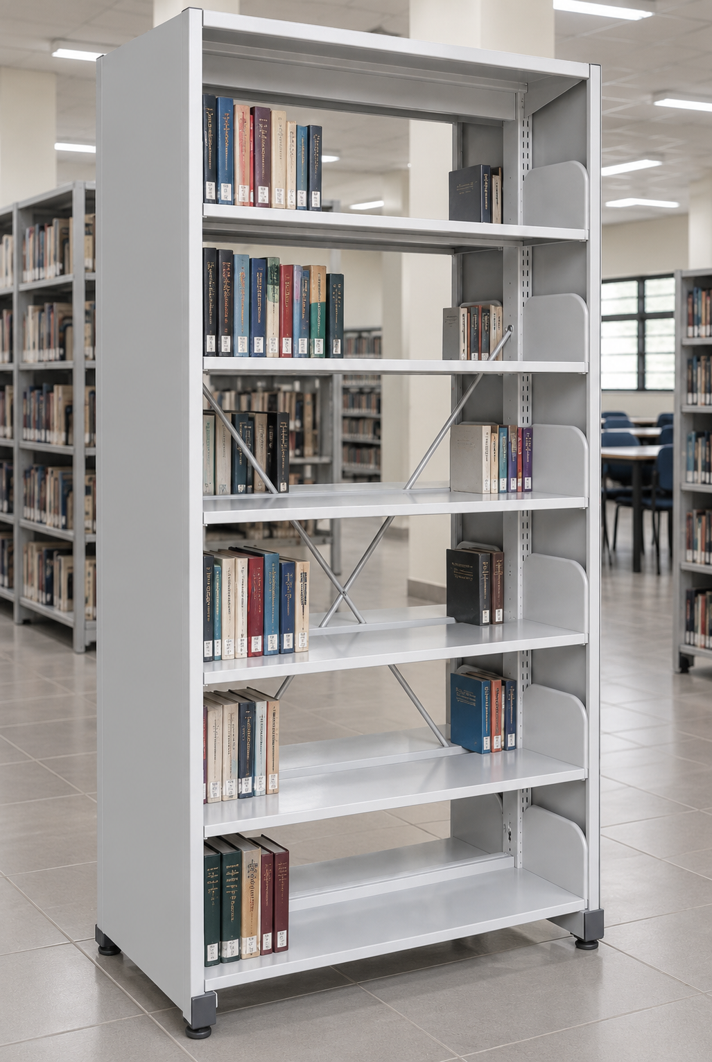 6-Level Double-Sided Steel Library Rack with Side Panels in a Malaysian library