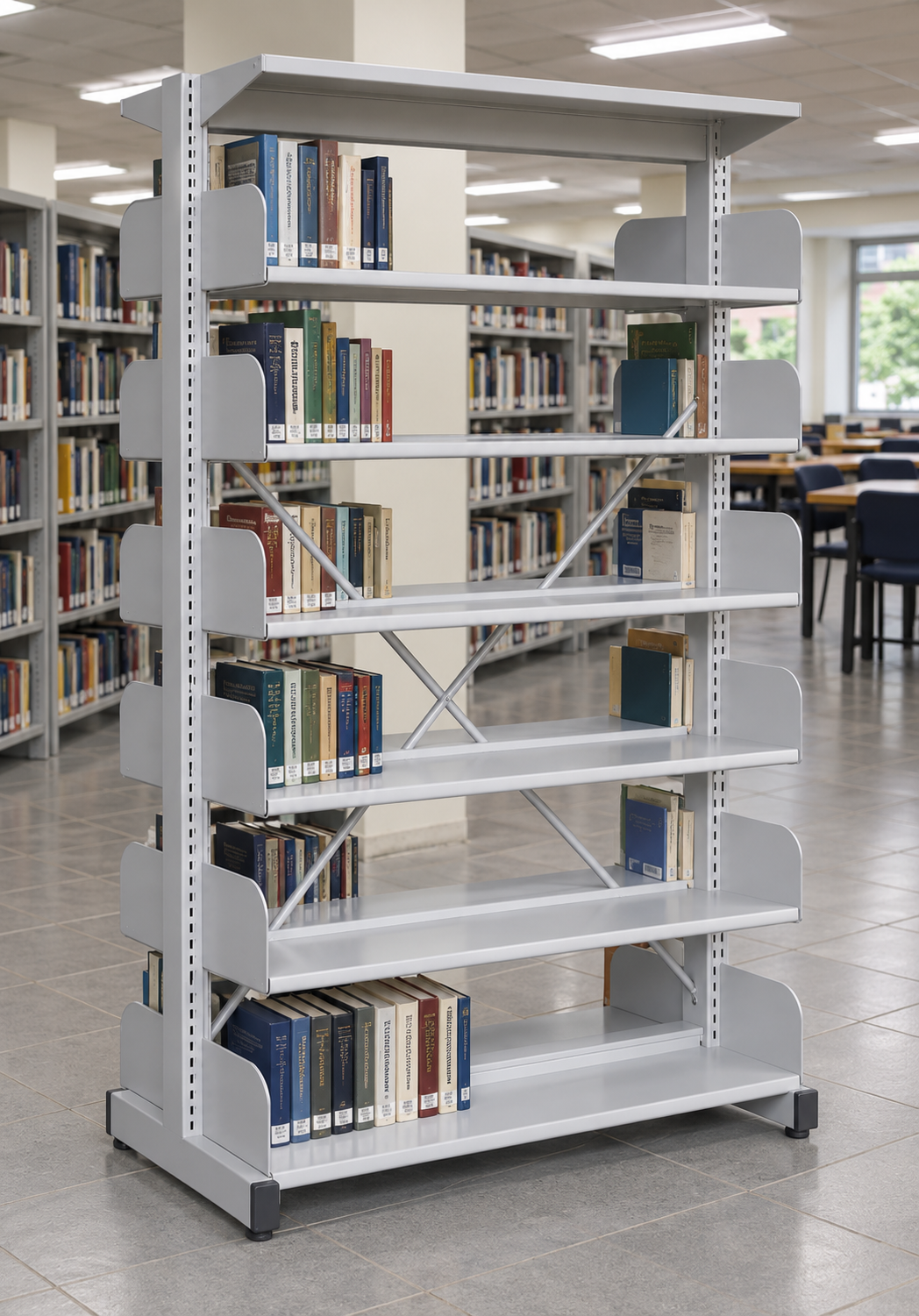 6-Level Double-Sided Steel Library Rack without Side Panels in a Malaysian library