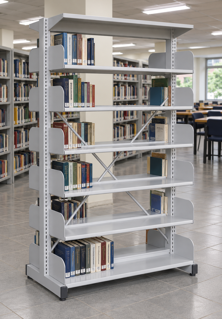 6-Level Double-Sided Steel Library Rack without Side Panels in a Malaysian library