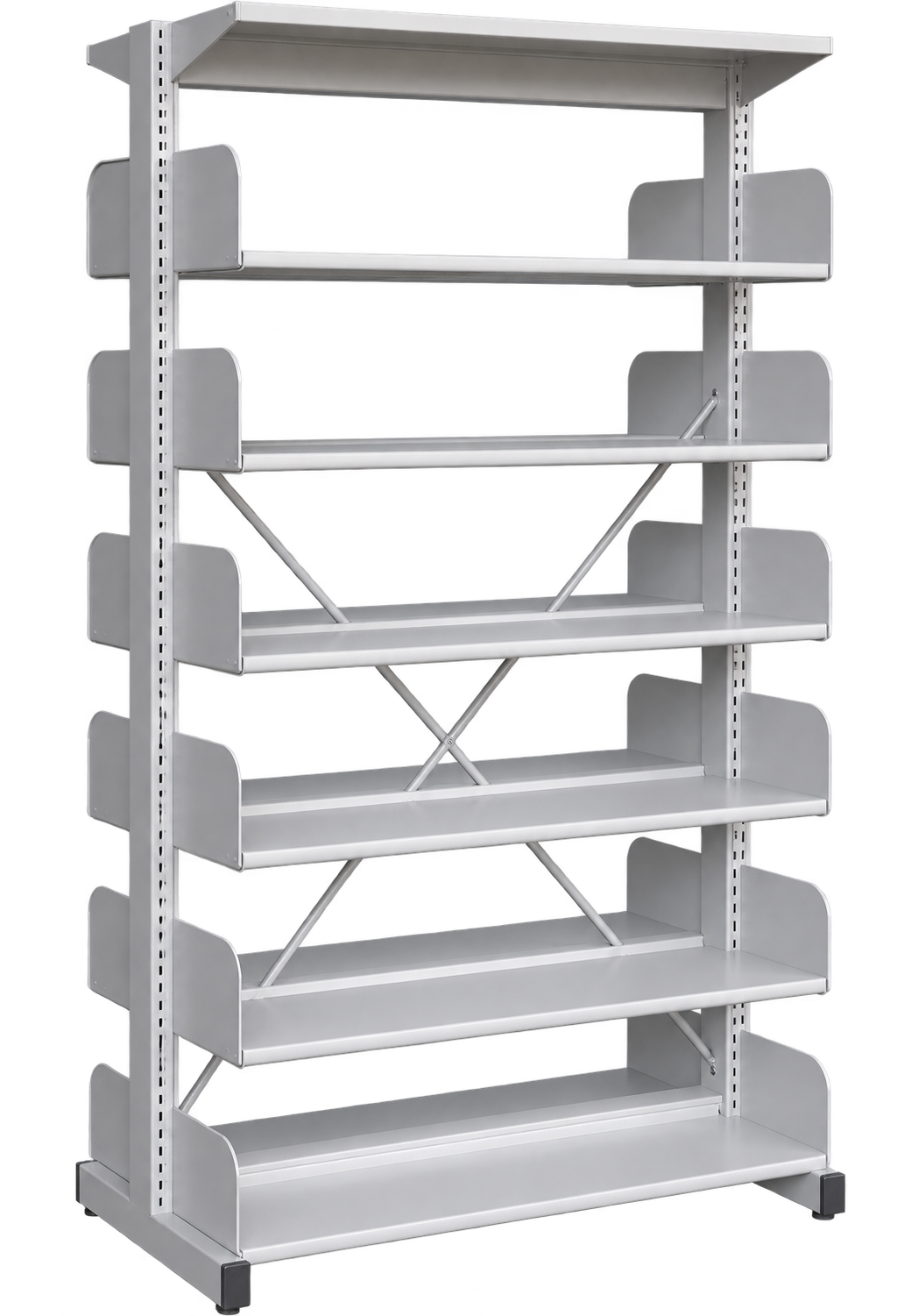 6-Level Double-Sided Steel Library Rack without Side Panels - Light Grey