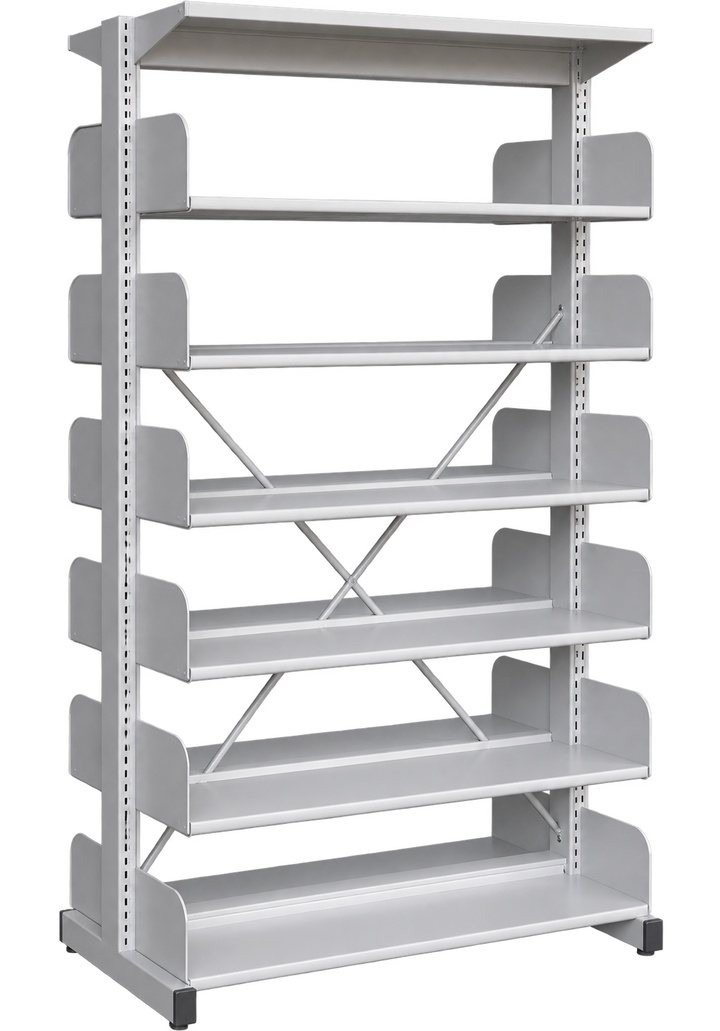 6-Level Double-Sided Steel Library Rack without Side Panels - Light Grey