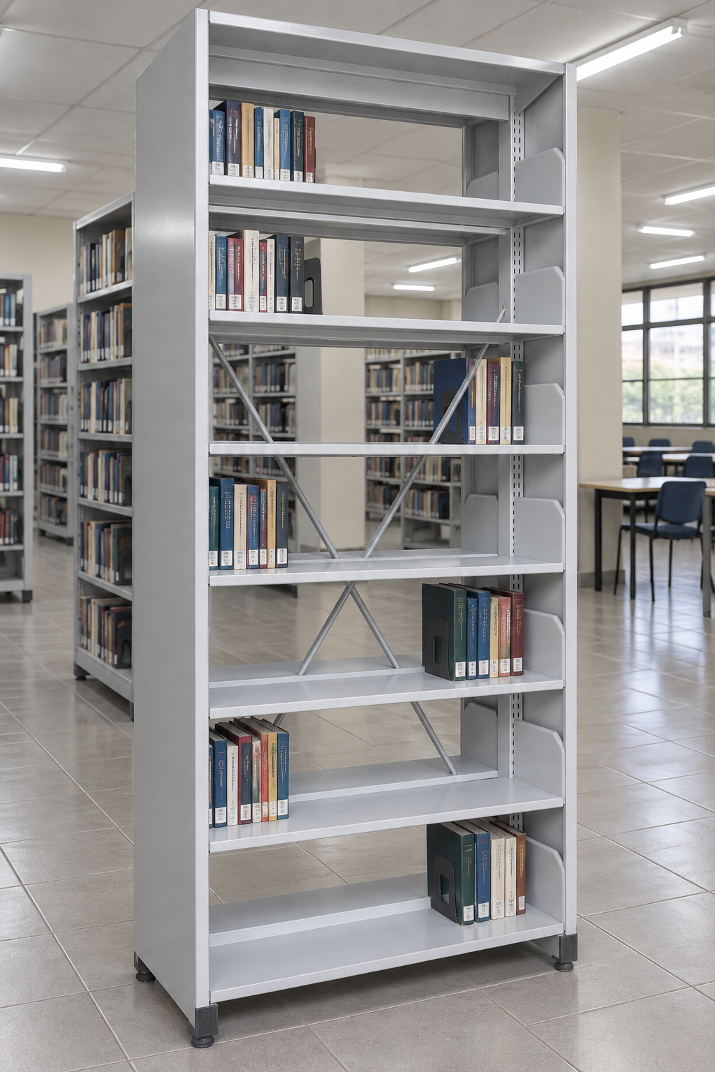 7-Level Double-Sided Steel Library Rack with Side Panels in a Malaysian library
