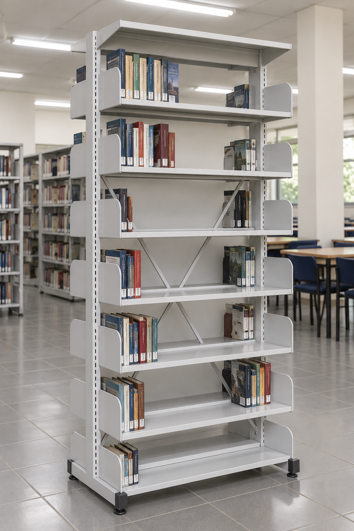 7-Level Double-Sided Steel Library Rack without Side Panels in a Malaysian library