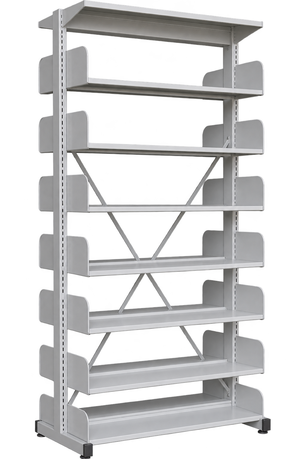 7-Level Double-Sided Steel Library Rack without Side Panels - Light Grey