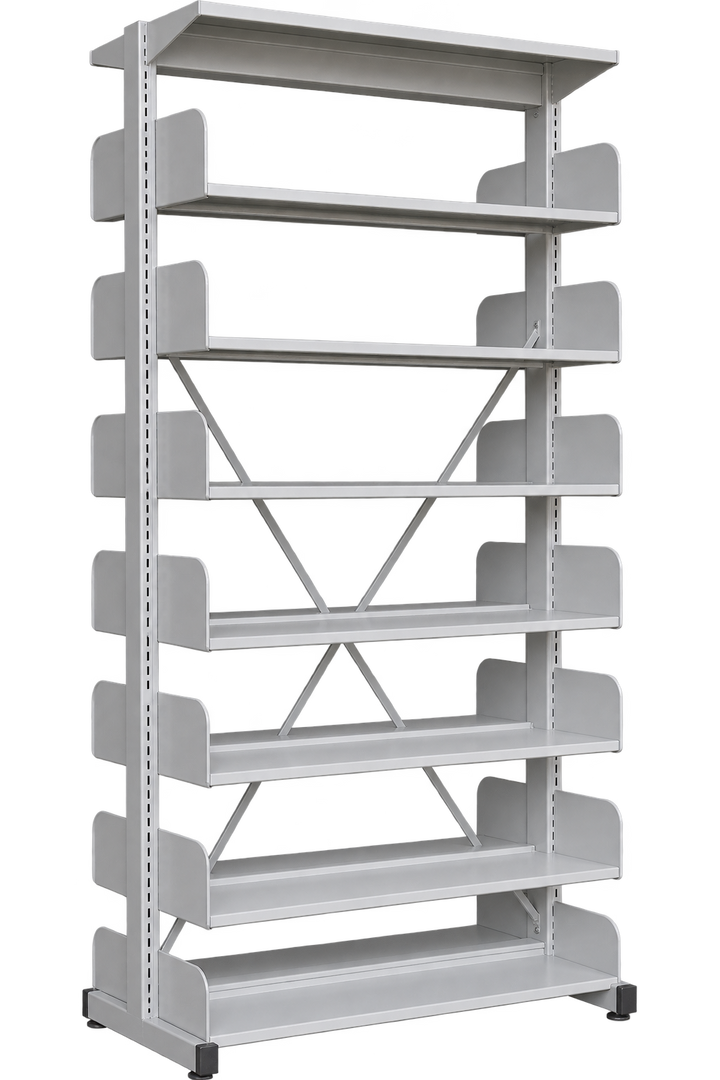 7-Level Double-Sided Steel Library Rack without Side Panels - Light Grey
