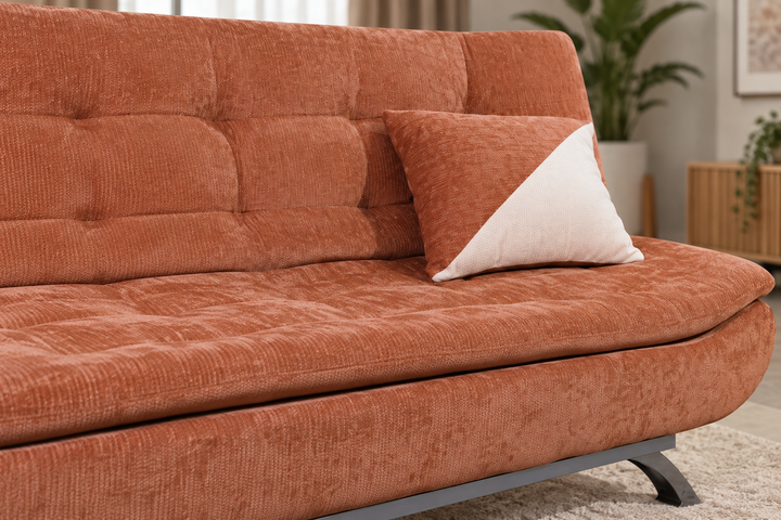 Sienna sofa bed rust-orange textured upholstery and tufted cushioning
