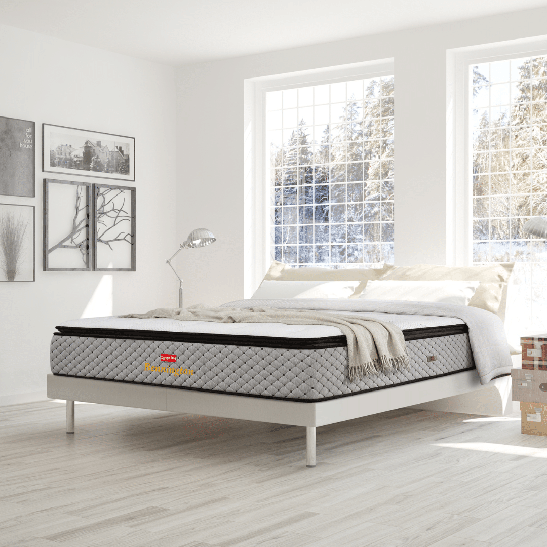 Slumberland Bennington mattress — official detail view. Bed frame and accessories are for illustration.