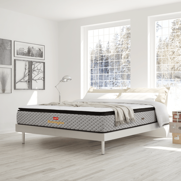 Slumberland Bennington mattress — official detail view. Bed frame and accessories are for illustration.