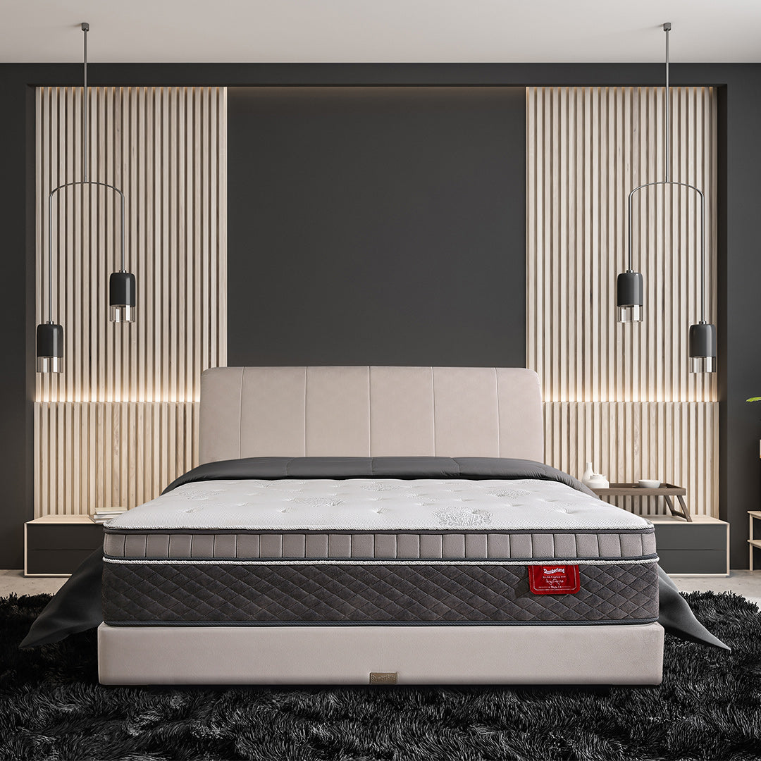 Slumberland TempSmart™ 5.0 Regis I mattress — official detail view. Bed frame and accessories are for illustration.