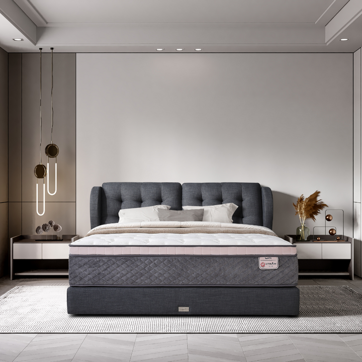 Slumberland Vitalize Elite mattress — official product photo 2. Bed frames and accessories are for illustration.