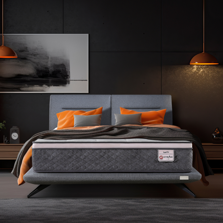 Slumberland Vitalize Lite mattress — official detail view. Bed frame and accessories are for illustration.