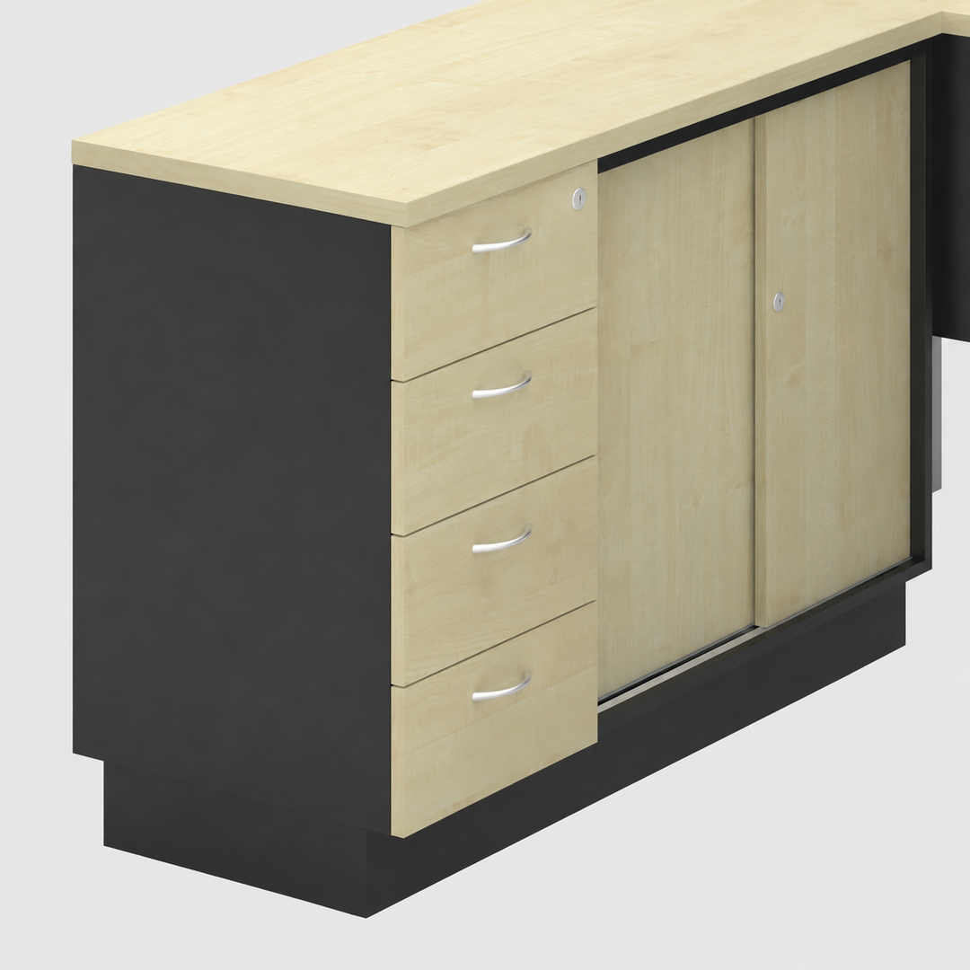 T2 side cabinet with four closed drawers and curved silver handles