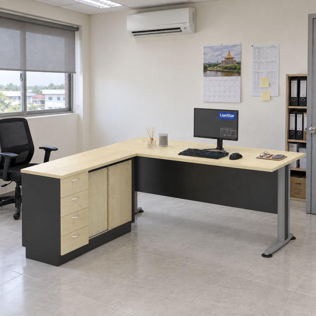 T2 Series L-shaped desk with four-drawer sliding-door side cabinet in a Malaysian office