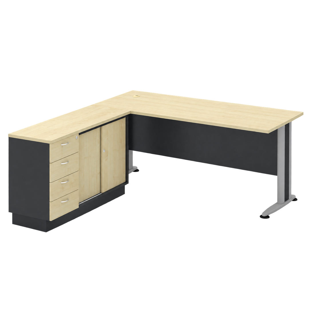 T2 Series L-shaped desk with side cabinet, four drawers and sliding doors, transparent background