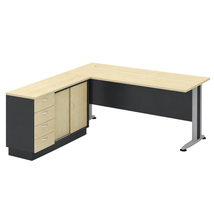 T2 Series L-shaped desk with side cabinet, four drawers and sliding doors, transparent background