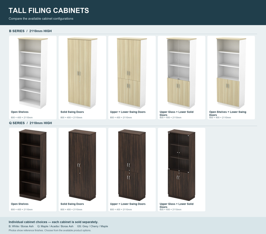 tall filing cabinet configuration comparison with individually labelled series, heights and door patterns