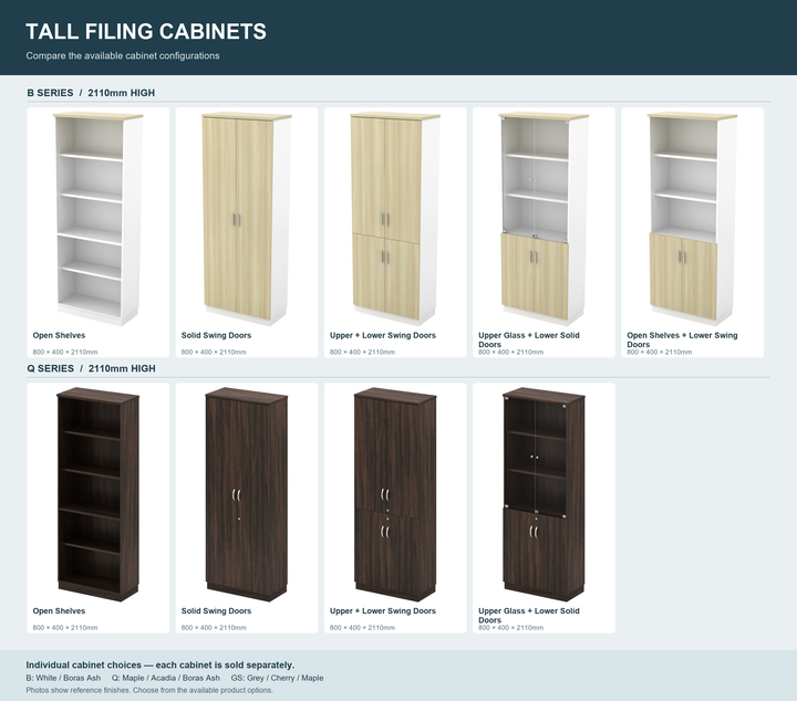 tall filing cabinet configuration comparison with individually labelled series, heights and door patterns