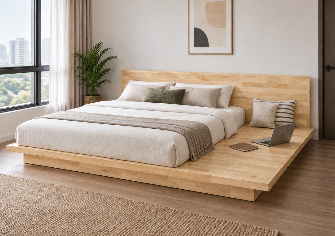 Tatami king bed with extra-wide platform for resting or laptop use