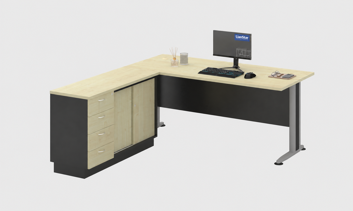 L-shaped office desk with four-drawer sliding-door side cabinet in Maple and Dark Grey