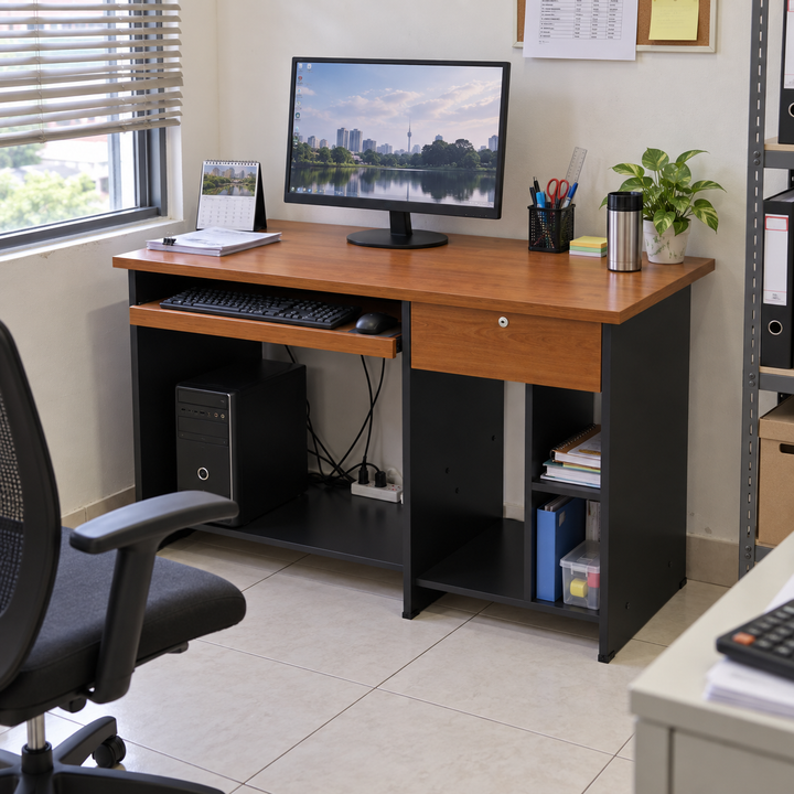 G-Series Computer Table with Drawer and Storage in a practical Malaysian office setting