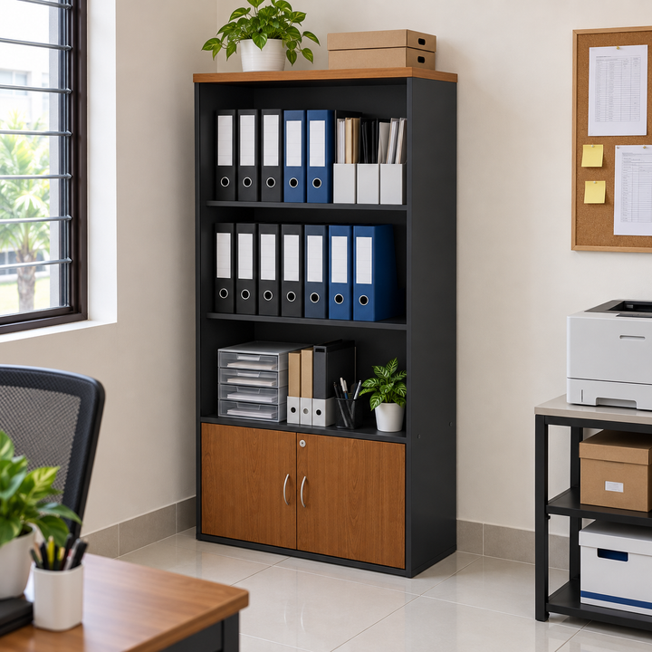 GS Open Shelves + Lower Swing Doors filing cabinet — 1642mm high in an office setting