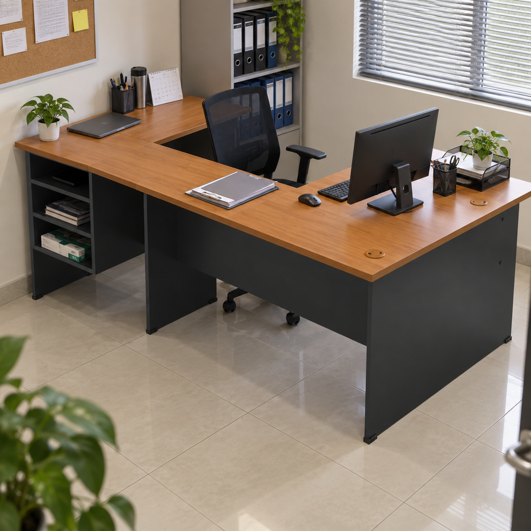 G-Series side return table connected to a standard main desk in a Malaysian office