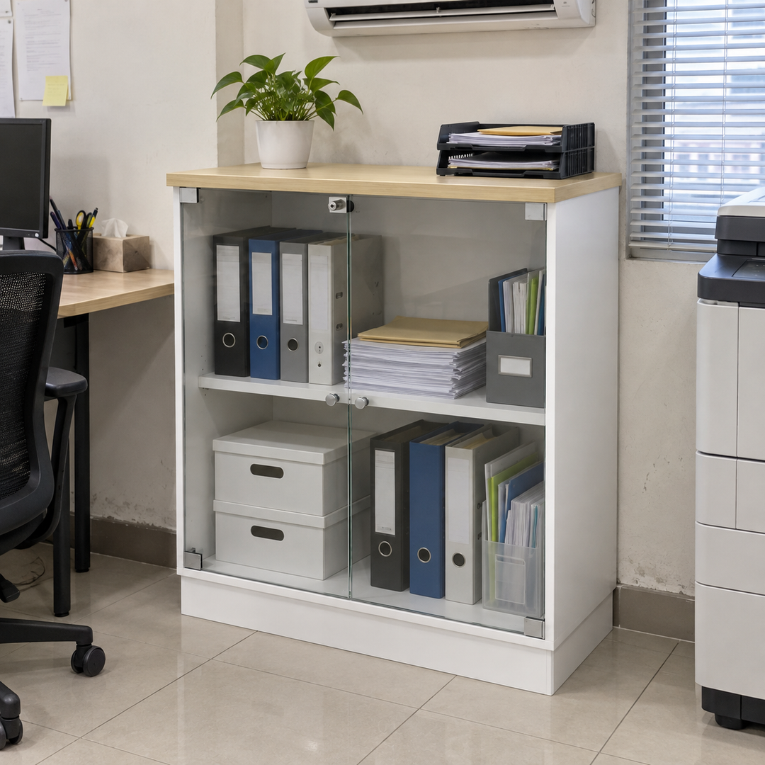 B Glass Swing Doors filing cabinet — 910mm high in an office setting