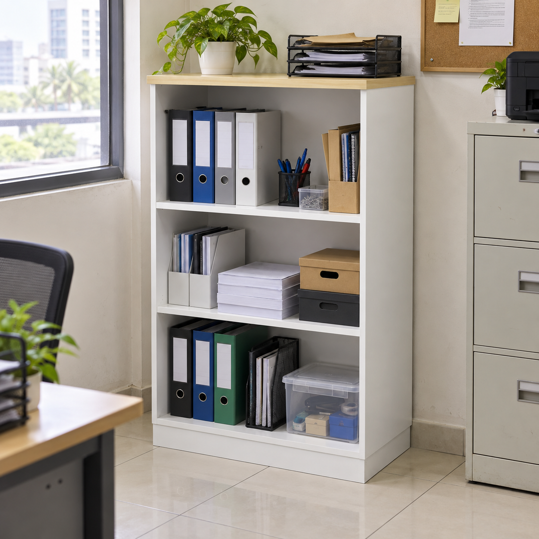 B Open Shelves filing cabinet — 1310mm high in an office setting