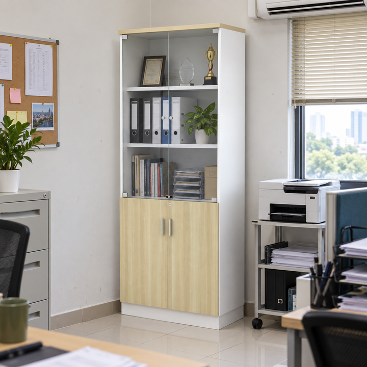 B Upper Glass + Lower Solid Doors filing cabinet — 2110mm high in an office setting