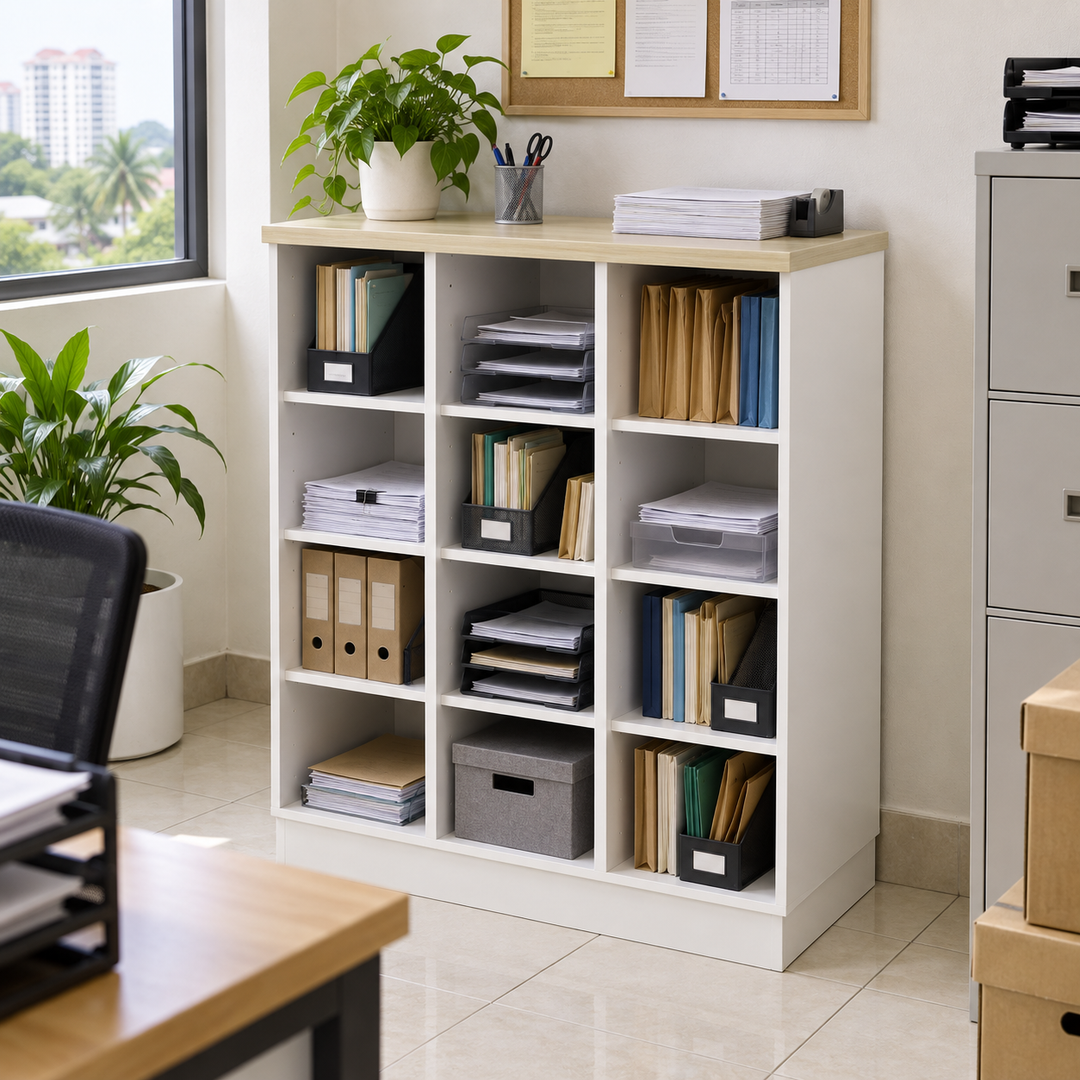 B Pigeon-Hole Compartments filing cabinet — 910mm high in an office setting