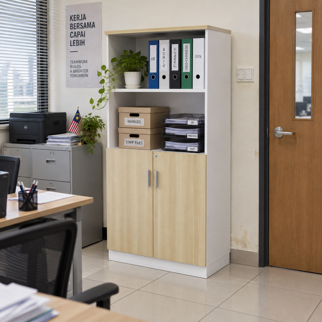 B Open Shelves + Lower Swing Doors filing cabinet — 1710mm high in an office setting