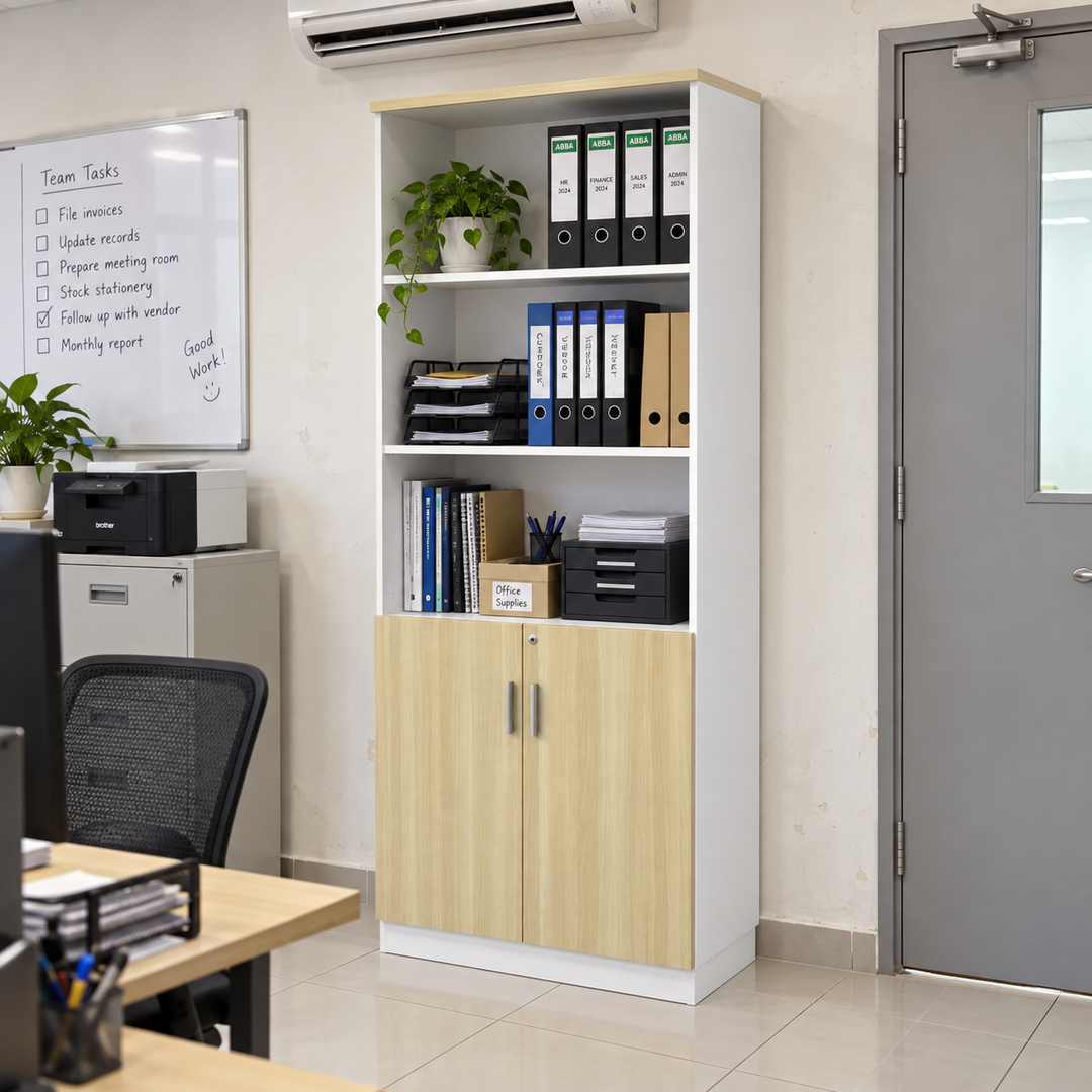 B Open Shelves + Lower Swing Doors filing cabinet — 2110mm high in an office setting